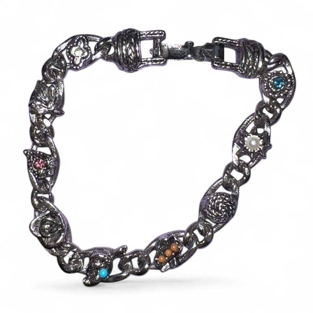 Vintage Signed Goldette Silver Tone Colorful Multi-Stone Charm Link Bracelet - Picture 9 of 11